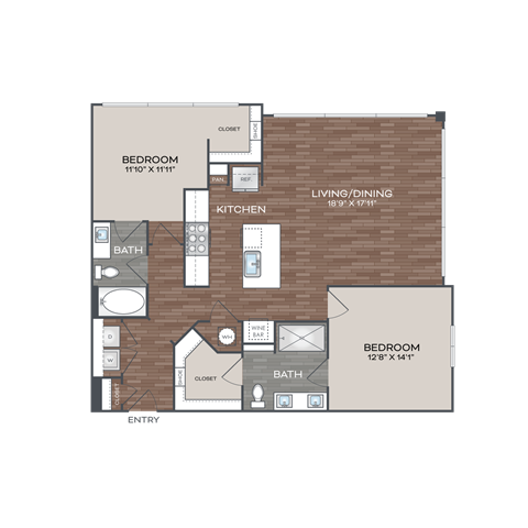 A floor plan of a small apartment with two bedrooms, a bathroom, a kitchen, and a living/dining area.